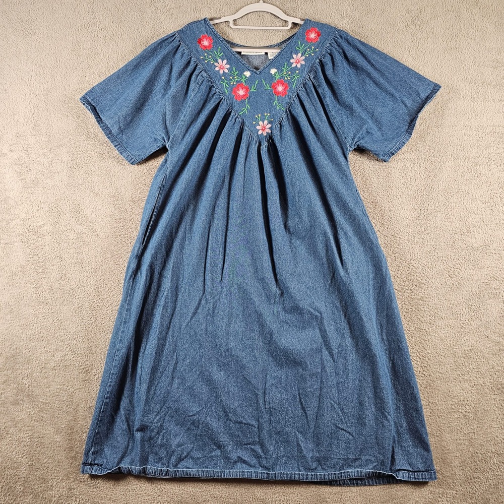 Country Store‎ Womens Large Blue Denim Floral Embroidered Muumuu House Dress L